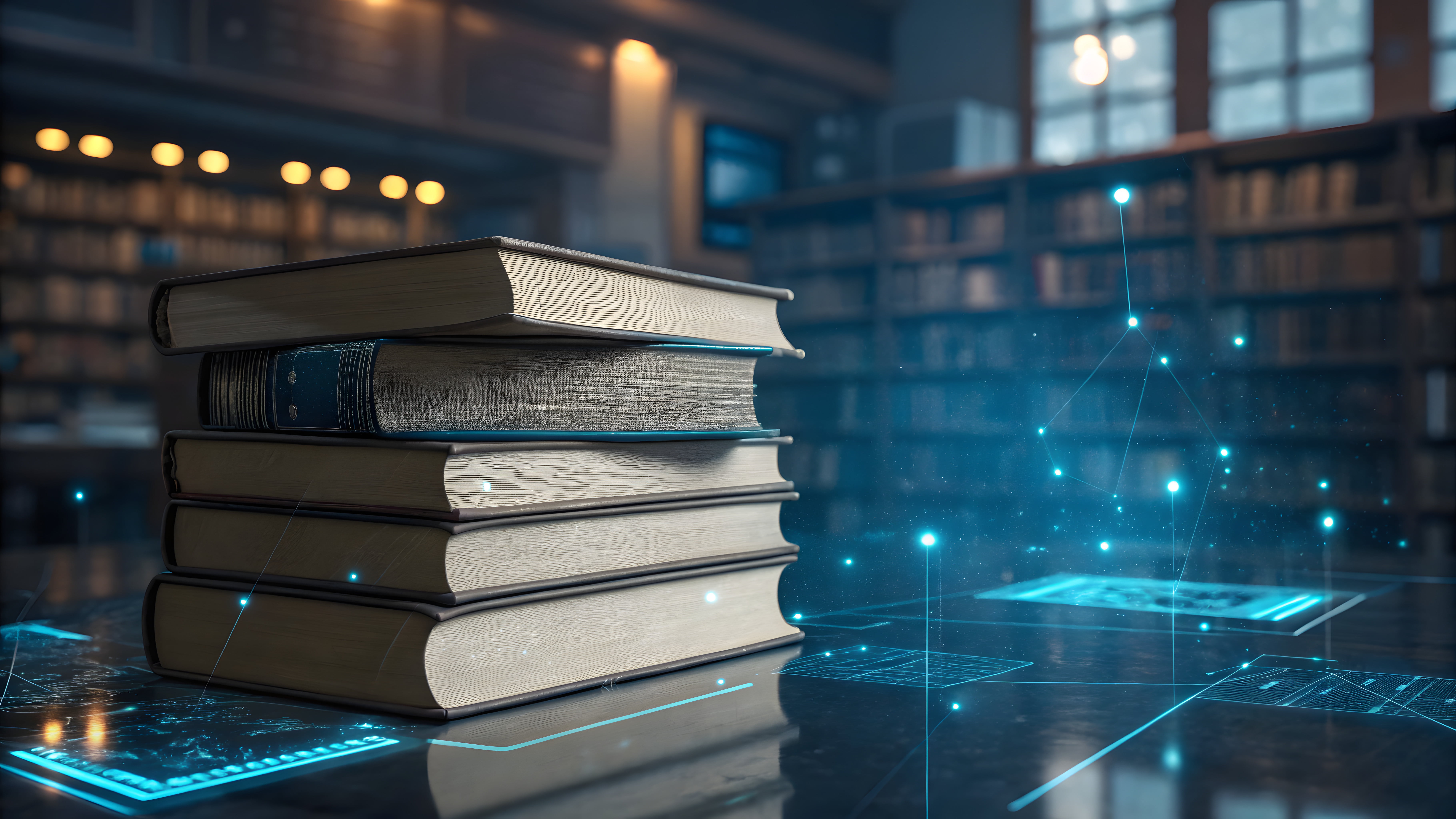 Stack of books in a library setting with glowing blue digital elements and data-like graphics surrounding them, symbolizing the fusion of traditional learning, digital knowledge, and educational technology.