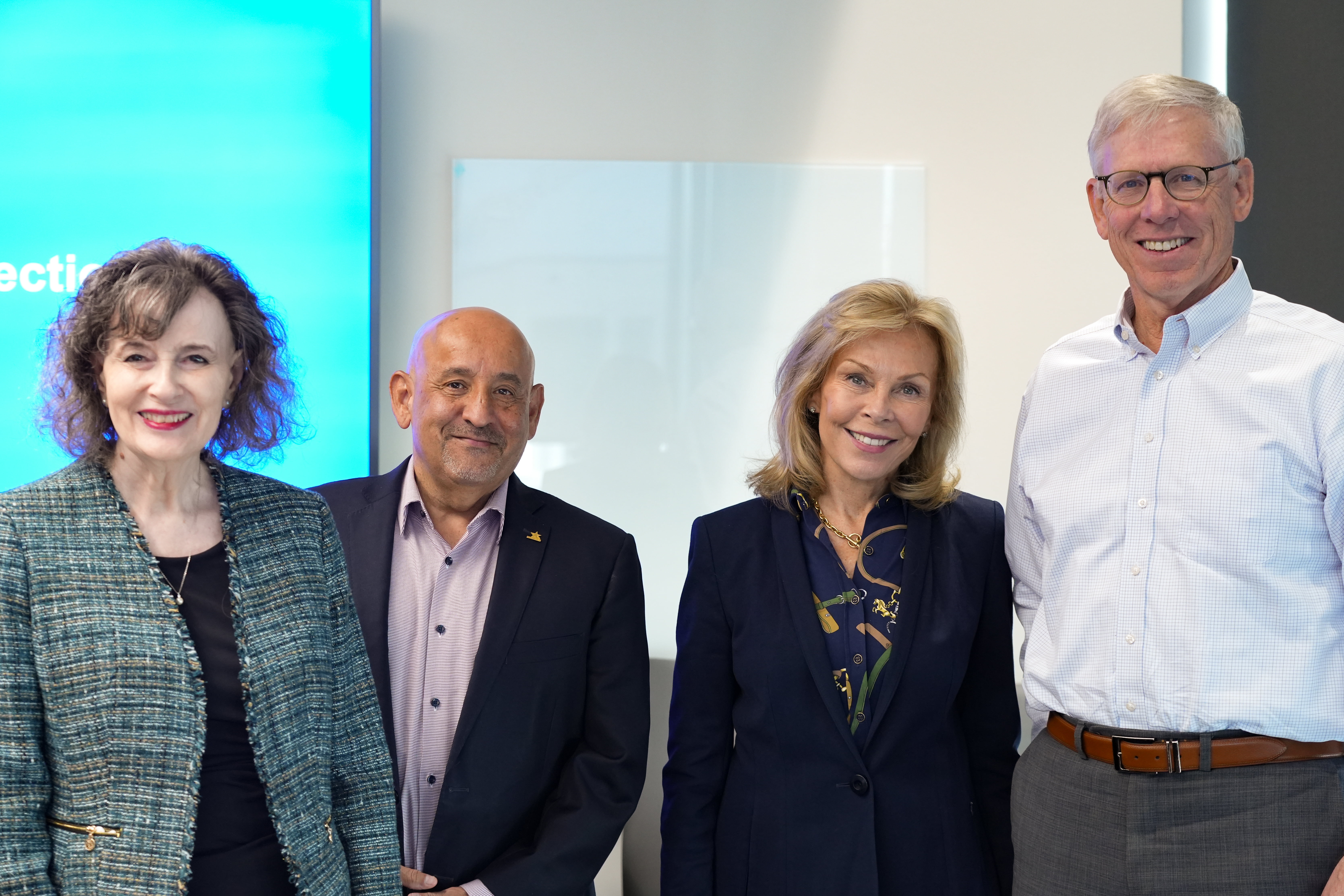 UTA School of Social Work Deans Advisory Council Members, Catheleen Jordan, Professor Emerita at The University of Texas at Arlington School of Social Work (Left), Raul Gonzalez, Deputy Mayor Pro Tempore and represents District 2 on the Arlington City Council (Center Left), Madeline McClure, Founder and CEO Emeritus of TexProtects (Center Right) and Wayne Carson, Chief Executive Officer of ACH Child and Family Services (Right) pose for a photo. (Photo by Jaelon Jackson)