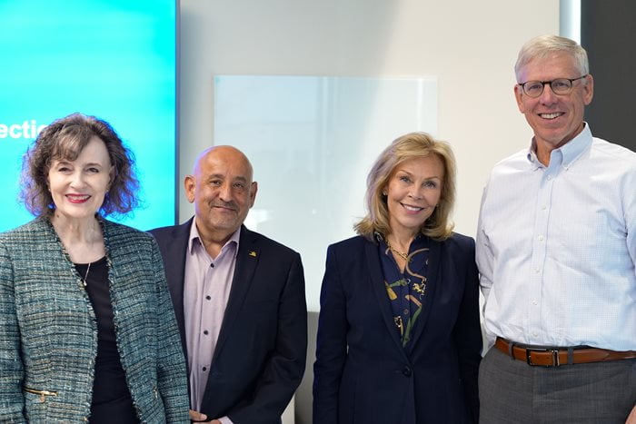 UTA School of Social Work Deans Advisory Council Members, Catheleen Jordan, Professor Emerita at The University of Texas at Arlington School of Social Work (Left), Raul Gonzalez, Deputy Mayor Pro Tempore and represents District 2 on the Arlington City Council (Center Left), Madeline McClure, Founder and CEO Emeritus of TexProtects (Center Right) and Wayne Carson, Chief Executive Officer of ACH Child and Family Services (Right) pose for a photo. (Photo by Jaelon Jackson)
