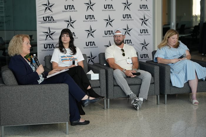 Dr. Donna Schuman (Left) Esmarelda Nava (Center-left), Brad Hunstable (Center-right) and Kristi Wiley (Right) discuss methods of suicide prevention during the Community Voices for Suicide Prevention Panel.