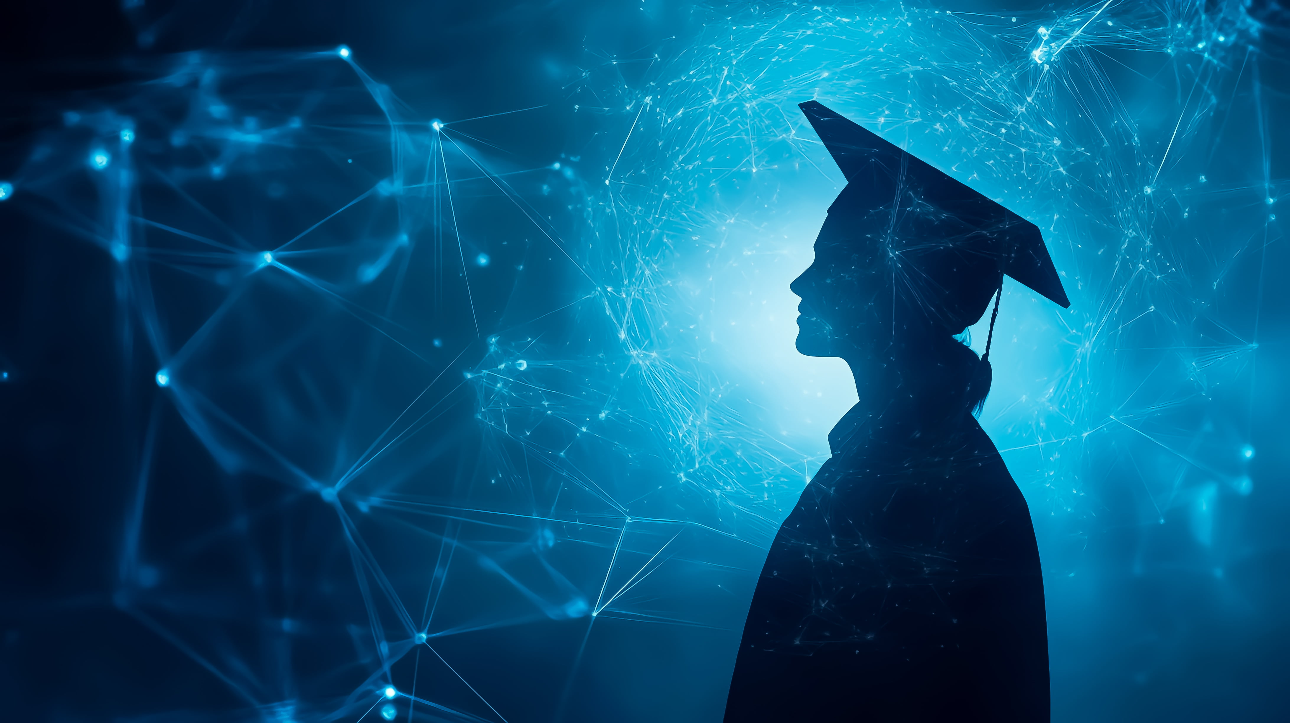 a graduate wearing a mortarboard cap against a glowing blue digital network background, symbolizing education, academic achievement, lifelong learning, and technology-enabled learning.