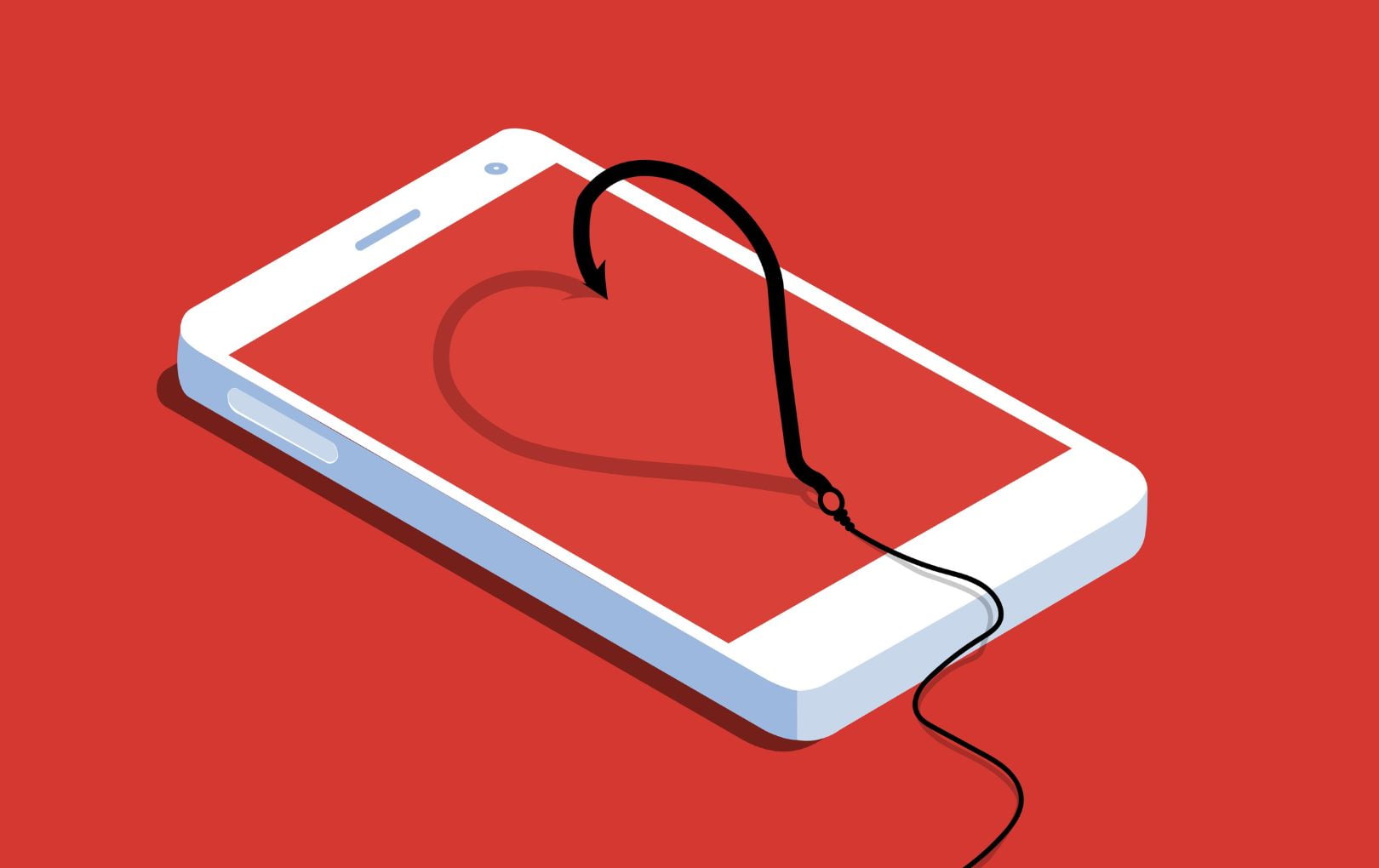 Stock image of a phone with a heart in the middle. Half of the heart is completed by an anchor hook.