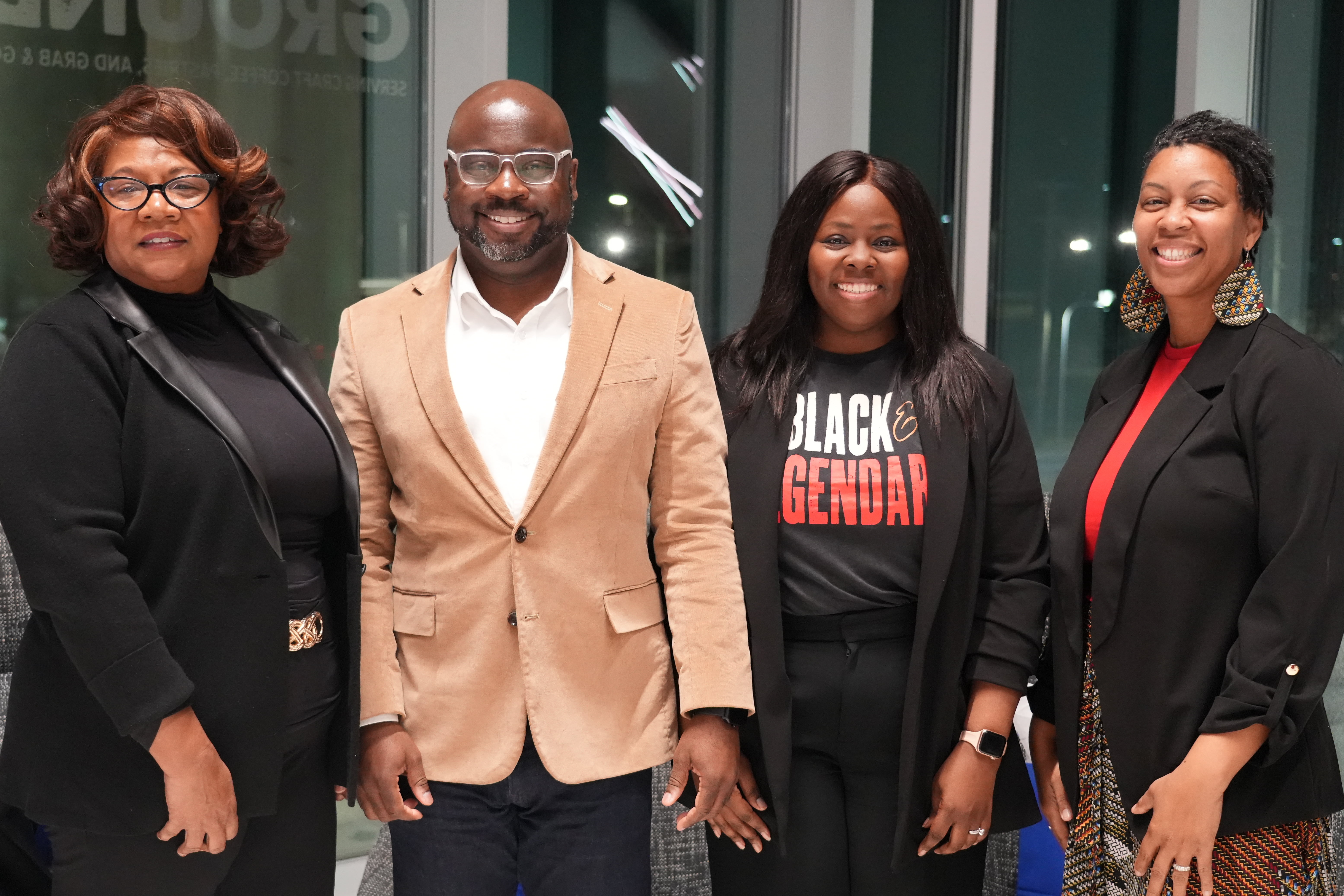 Debra Mitchell-Ibe, executive program manager of Denton County Friends of the Family (Left), Adam Powell, president and CEO of United Way of Tarrant County (Center Left), Dereka Hall, director of the Dallas College Social Work Academy (Center Right) and Dr. Jandel Crutchfield, associate professor at the UTA School of Social Work (Right) pose for a photo at the “Power of Presence: Black Identity in Professional Social Work” Black History Month Panel on Feb. 5, 2026. (Photo by Jaelon Jackson) 