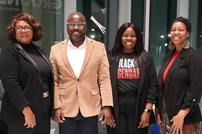 Debra Mitchell-Ibe, executive program manager of Denton County Friends of the Family (Left), Adam Powell, president and CEO of United Way of Tarrant County (Center Left), Dereka Hall, director of the Dallas College Social Work Academy (Center Right) and Dr. Jandel Crutchfield, associate professor at the UTA School of Social Work (Right) pose for a photo at the “Power of Presence: Black Identity in Professional Social Work” Black History Month Panel on Feb. 5, 2026. (Photo by Jaelon Jackson)