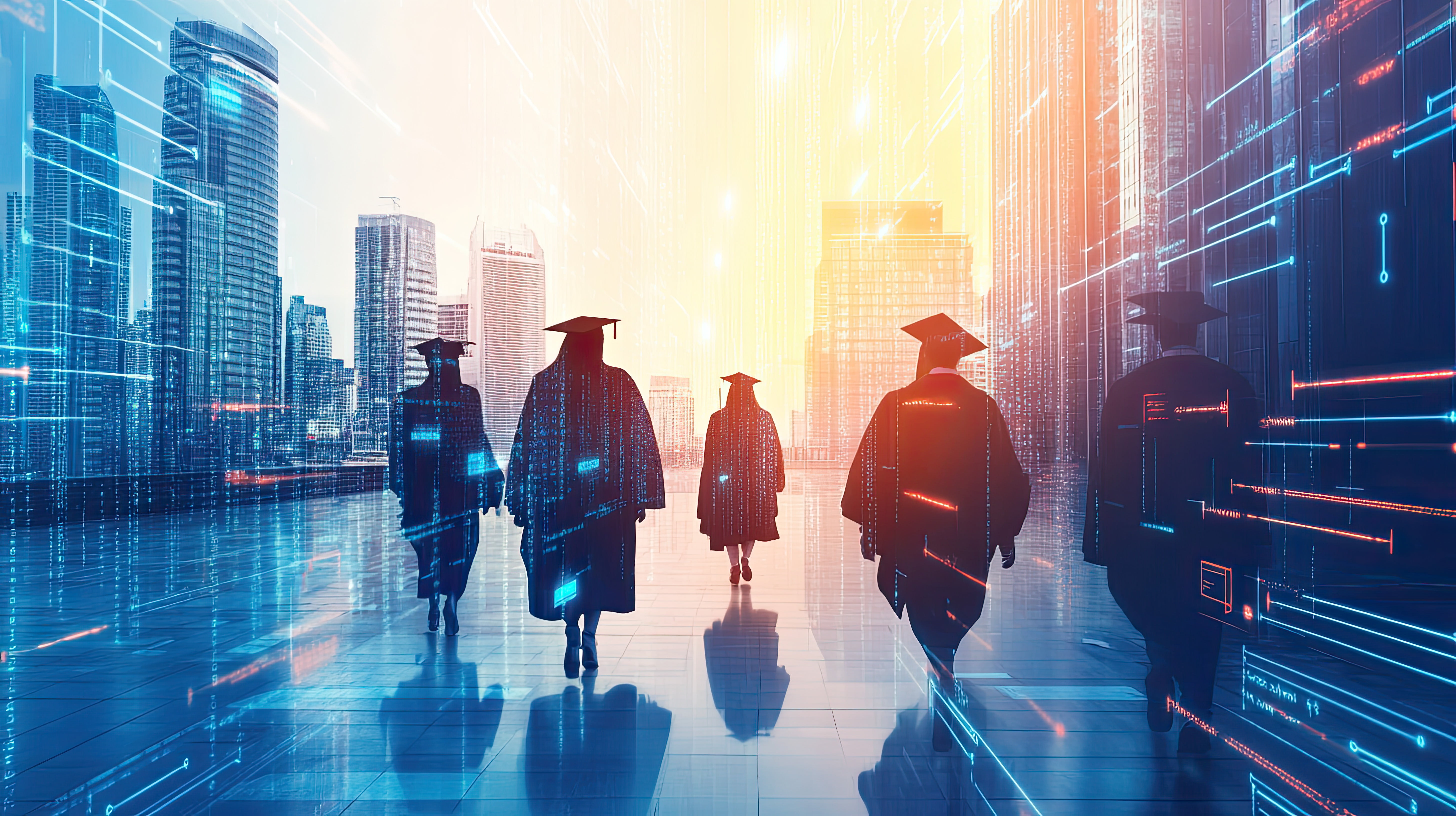 Silhouettes of graduates walking through a futuristic cityscape with glowing digital lines and data streams, symbolizing education, career advancement, digital transformation, and the future workforce.