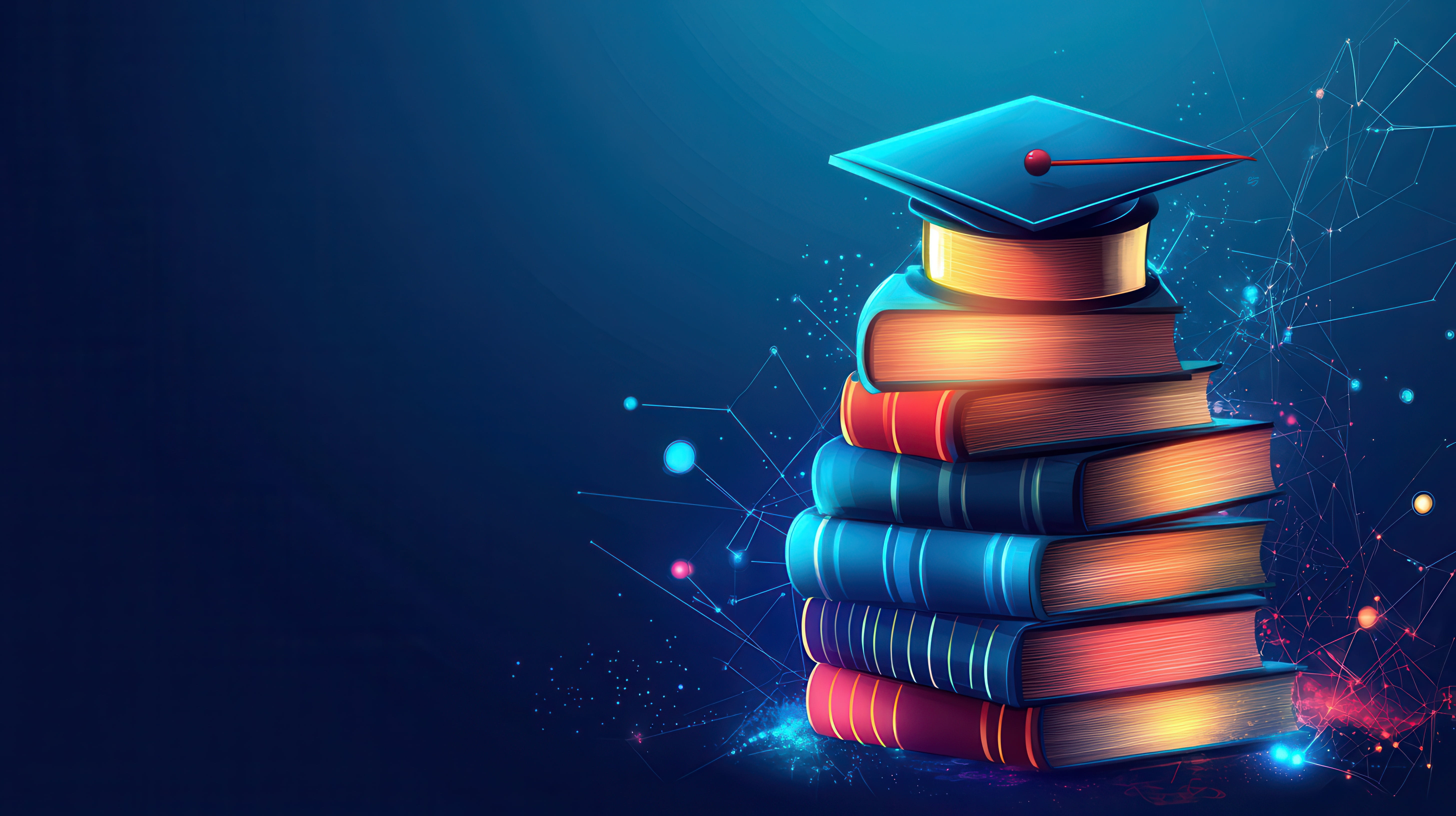 Colorful stack of books topped with a graduation cap against a blue digital background with network graphics, symbolizing academic achievement, higher education, online learning, and lifelong skill development.