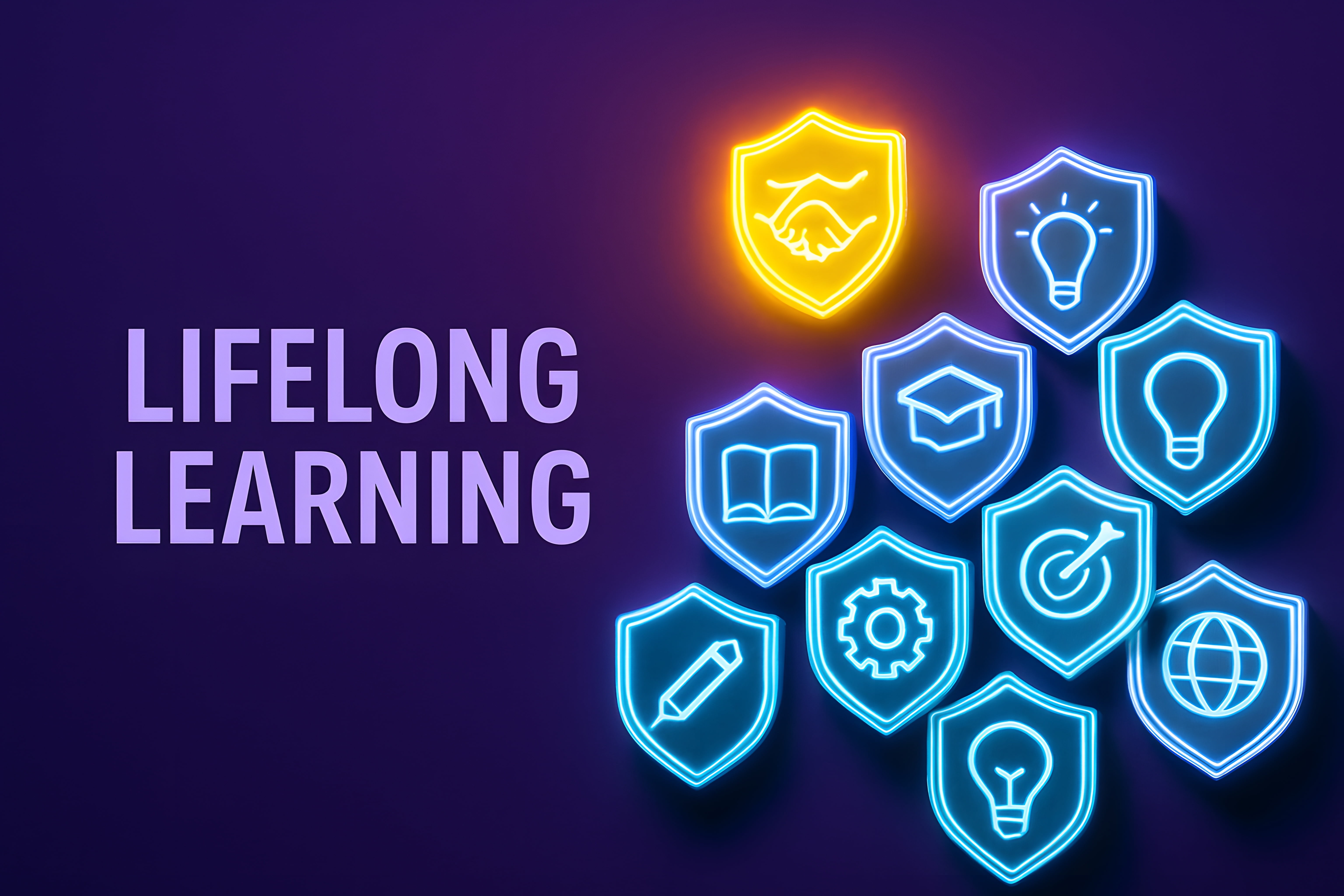 Graphic with the text “LIFELONG LEARNING” alongside glowing blue and gold education-themed icons, including shields, books, light bulbs, and a globe, on a purple background, symbolizing continuous learning, skills development, and knowledge growth.