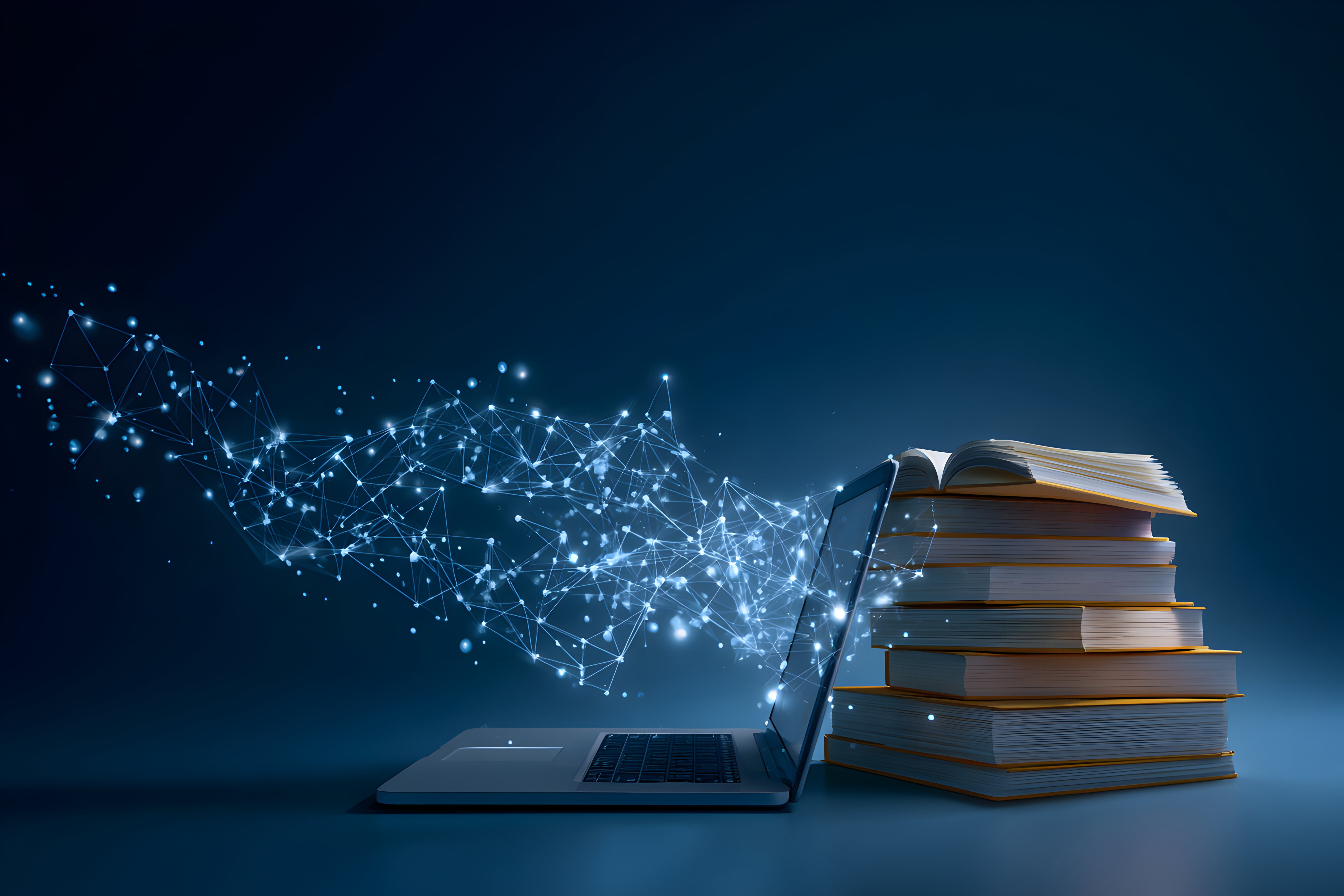 Open laptop projecting a stream of glowing blue particles toward a stack of books, symbolizing digital learning, knowledge transfer, e-learning, and the integration of technology with education.