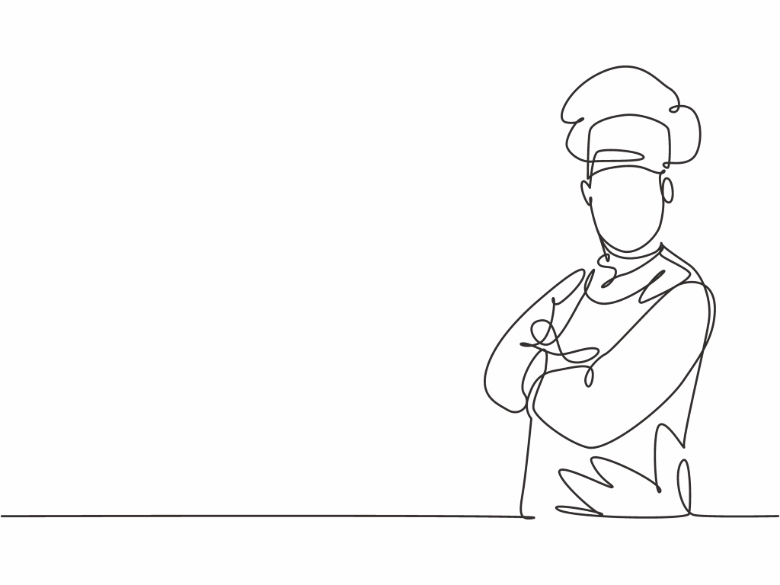Minimalist line illustration of a person wearing a chef hat and apron while holding a cooking utensil.