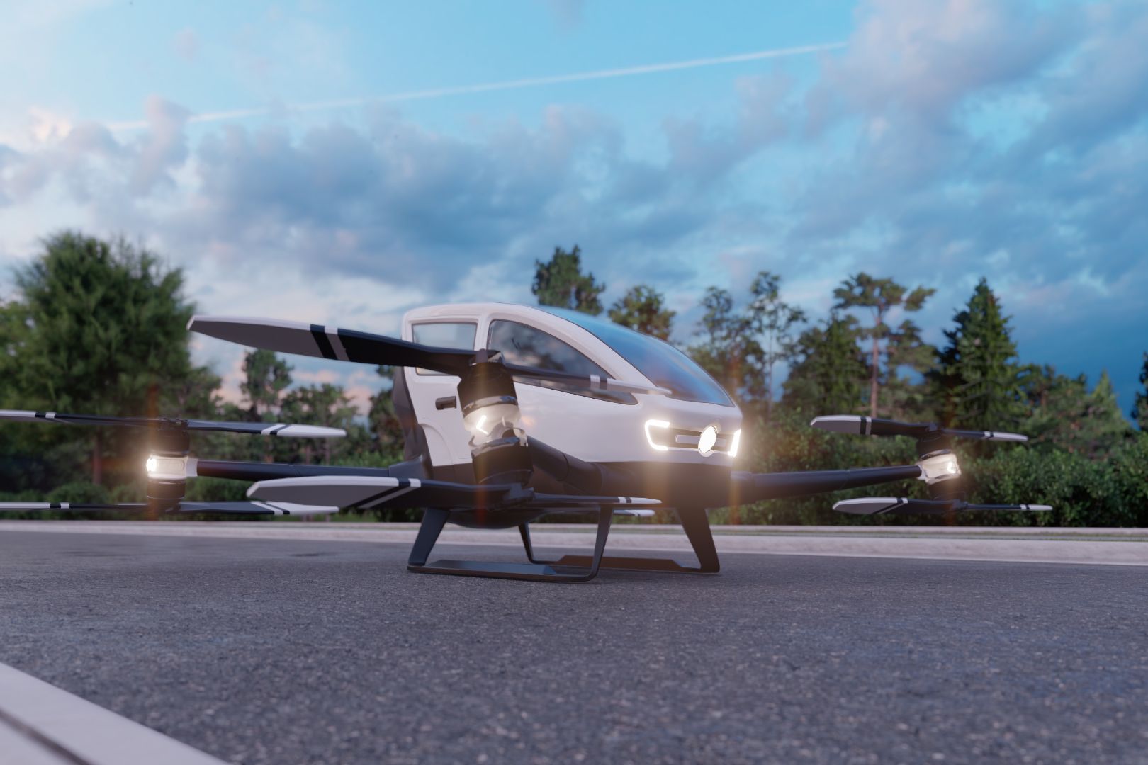 Image shows Adobe Stock of a flying taxi 