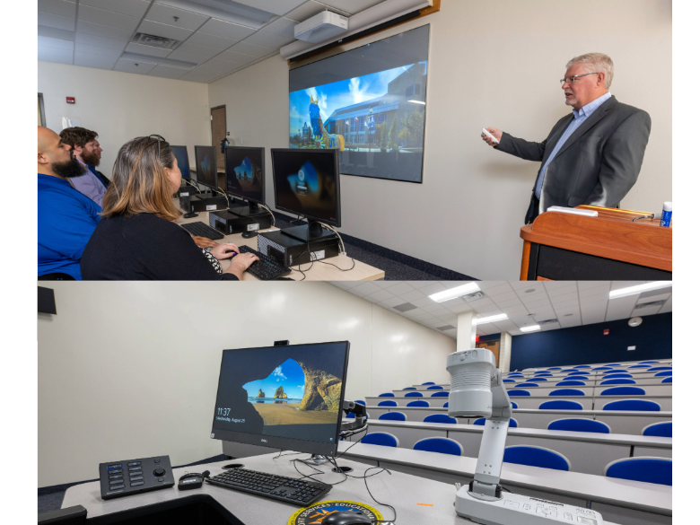 A classroom scene showing an instructor presenting at the front while participants work at computer stations, alongside a view of an empty lecture hall with instructional technology at the podium.