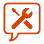 Adaptability orange icon with a chat box that. includes a screwdriver and wrench