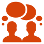 Communication orange icon with two people with chat bubbles above their heads
