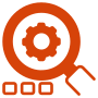 Transparency orange icon of a magnifying glass over an orange cog wheel