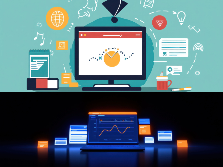 Illustration of digital learning and technology, featuring a laptop with educational graphics and a tablet displaying an analytics chart.