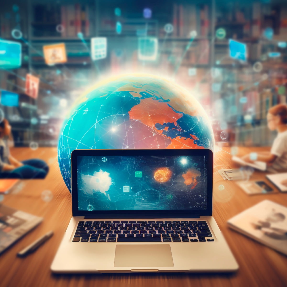 A globe surrounded by various AI functions