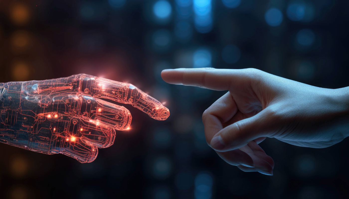 A human hand reaching out to touch a glowing, translucent robotic hand, symbolizing the connection between humans and artificial intelligence.