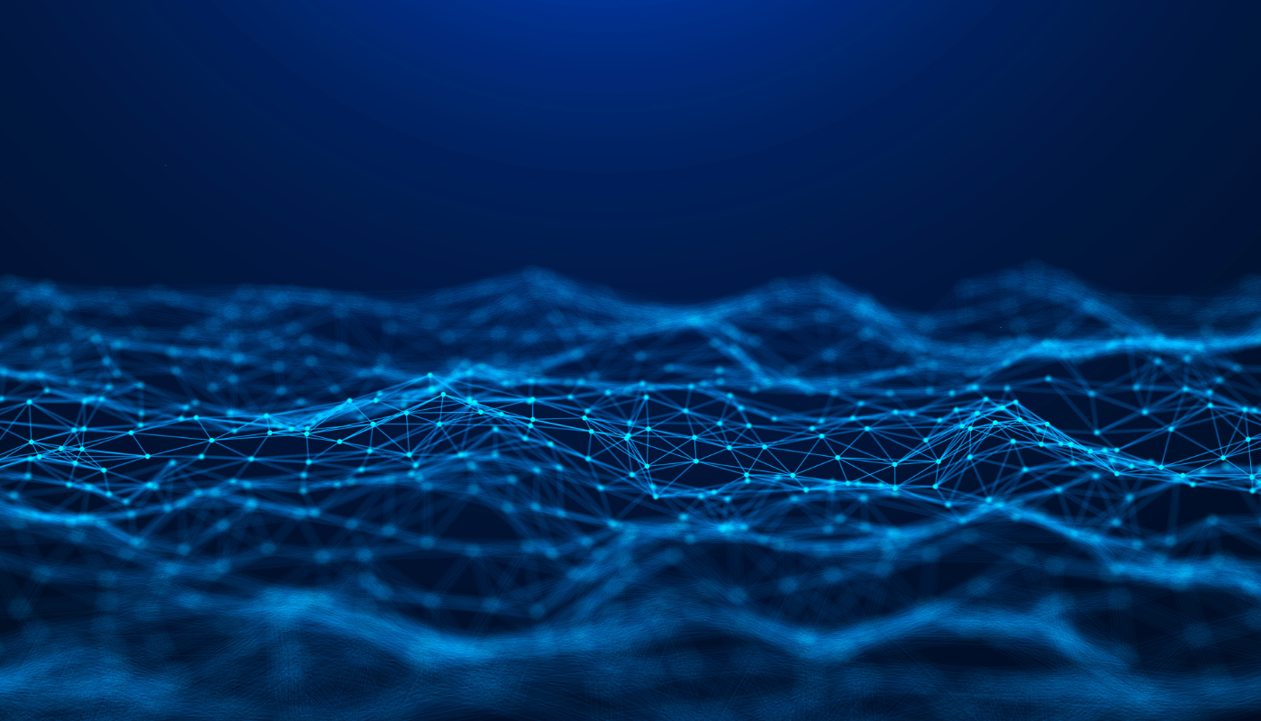 A digital landscape made of interconnected blue lines and glowing points forming a network-like mesh against a dark blue background.