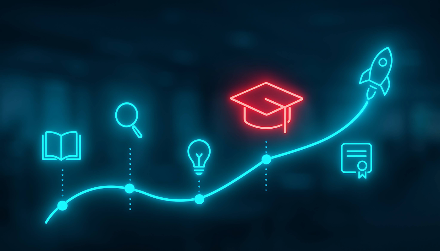 Neon-style illustration showing a learning journey with icons of a book, magnifying glass, lightbulb, graduation cap, certificate, and a rocket along a rising path symbolizing academic growth and success.