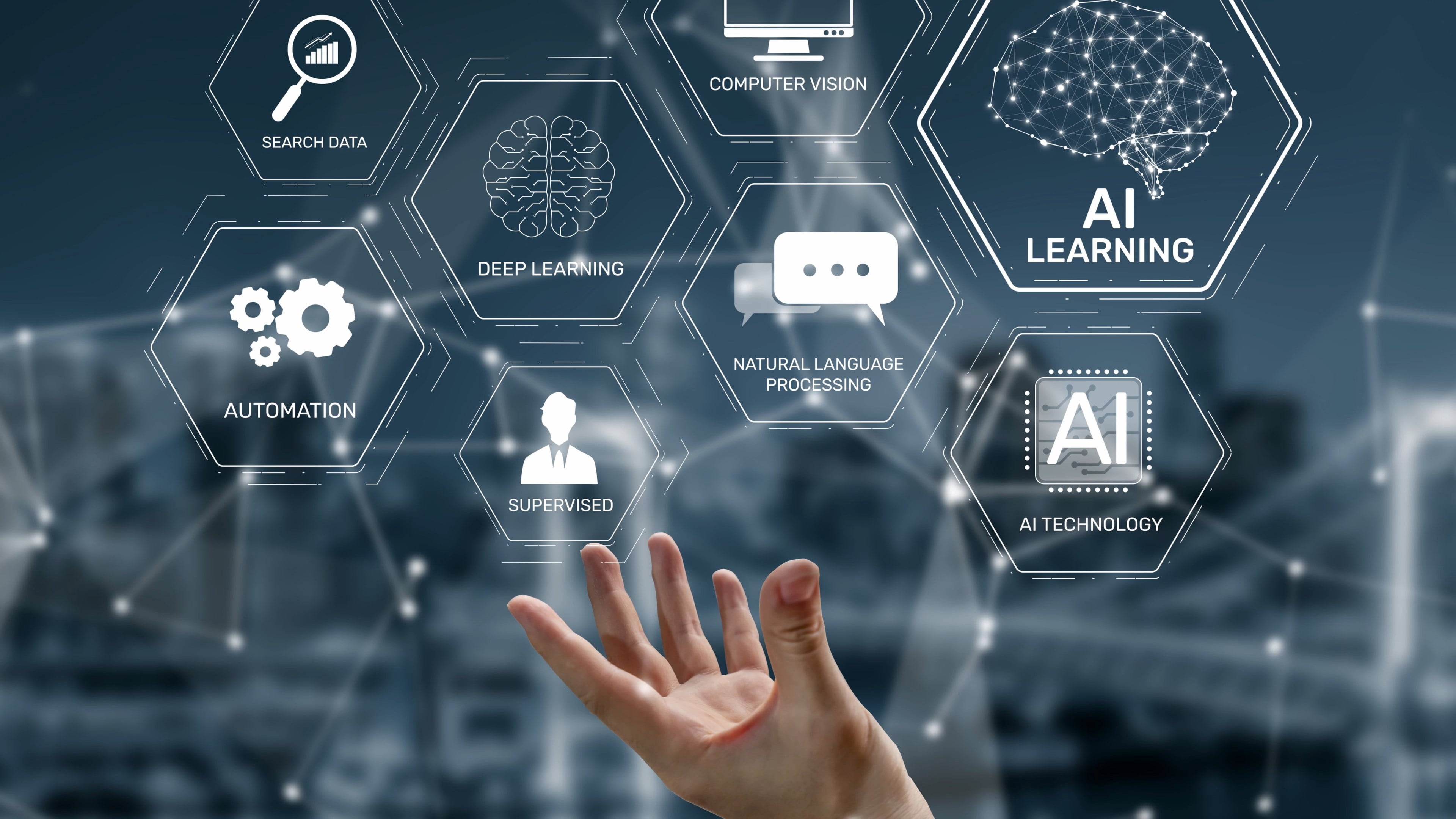 A hand reaching towards hexagonal icons showing AI concepts like deep learning, computer vision, and automation, conveying innovation and technology.