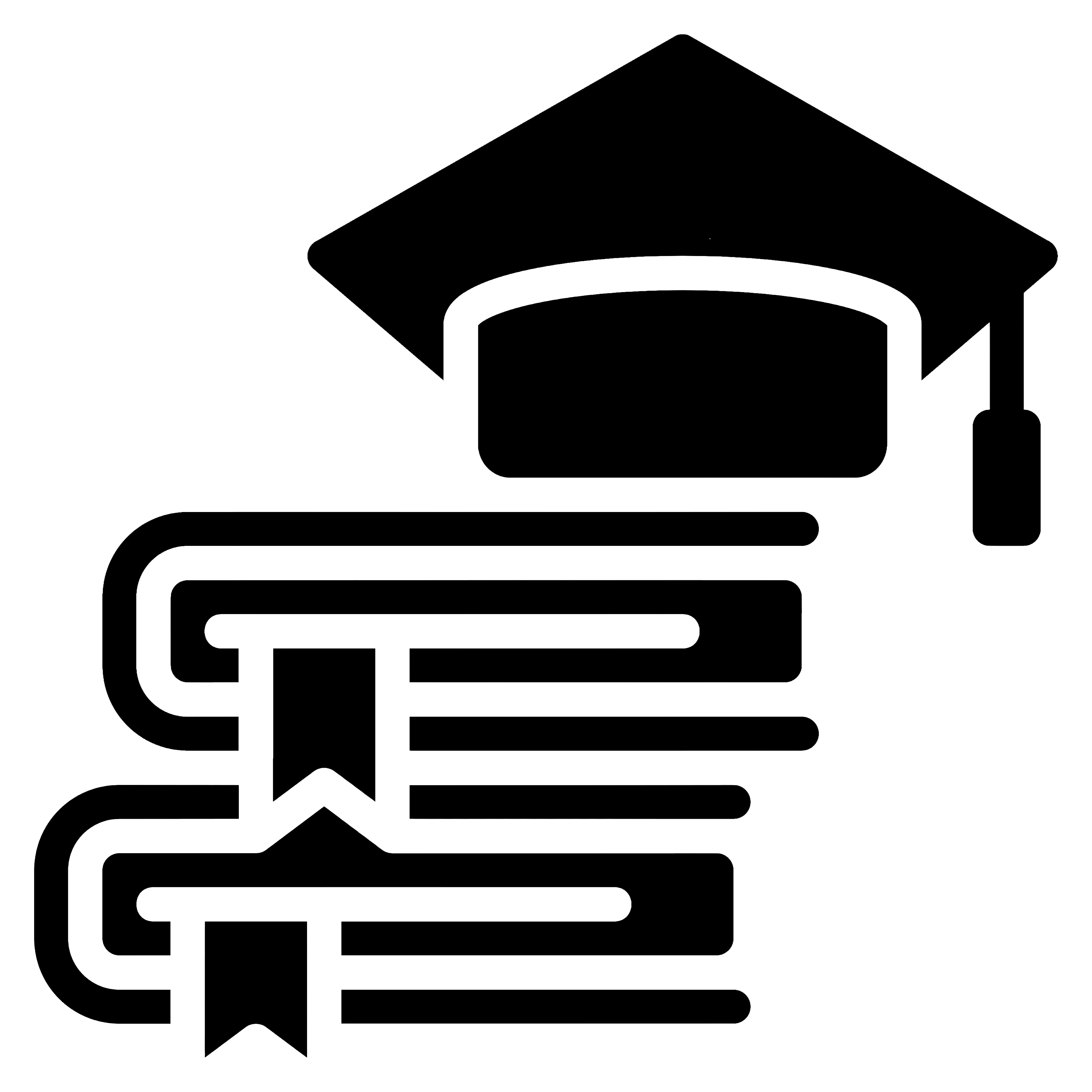Line-art education icon showing a graduation cap above a stack of certificates or documents, with award ribbons on the lower left and bottom center, representing academic achievement, graduation, certification, or credentials.