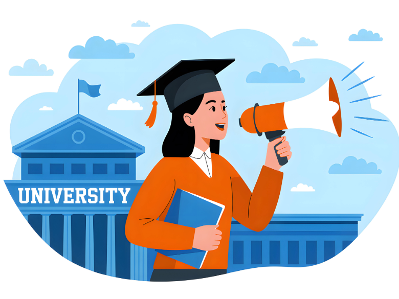 Flat design illustration of a young woman in a graduation gown and cap holding a megaphone and a book in front of a university building. Concept of education and announcements