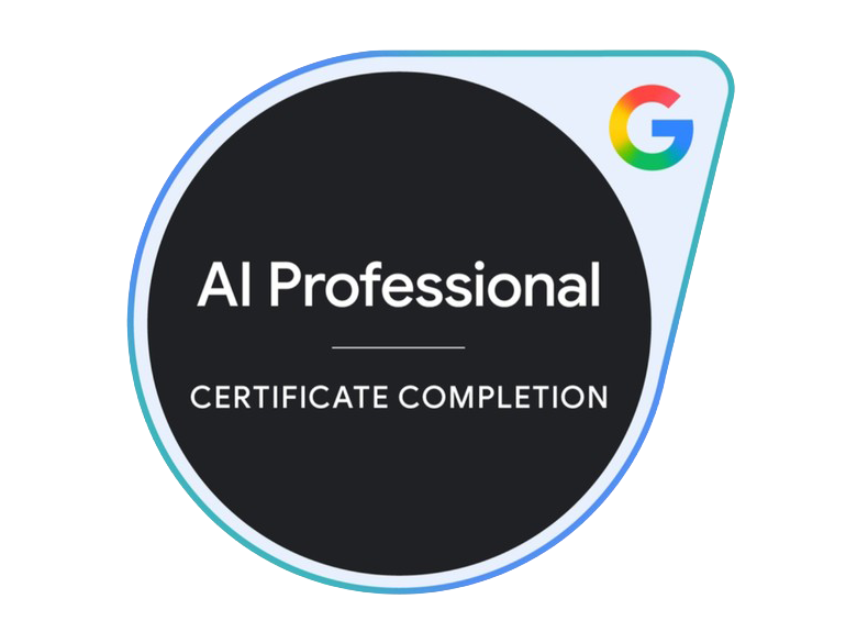 AI Professional Certificate Completion badge with a Google logo on a circular black-and-blue design.