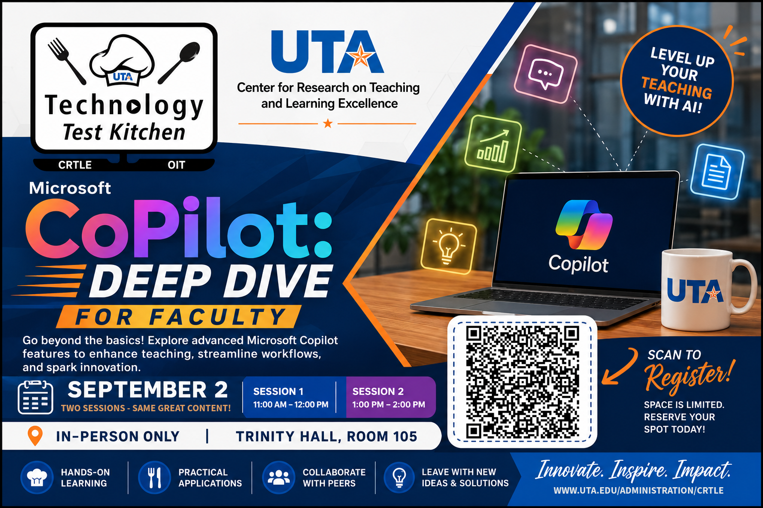 Promotional flyer for the CRTLE and OIT Technology Test Kitchen featuring a Microsoft Copilot Deep Dive for Faculty workshop on September 2 in Trinity Hall Room 105, including session times, registration QR code, and AI-themed technology graphics.