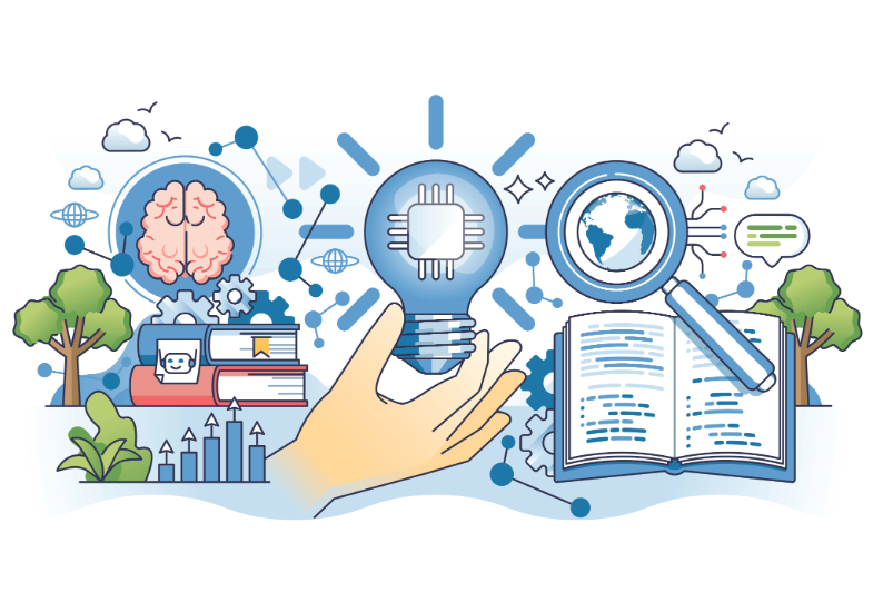 AI literacy involves understanding AI through symbols like a brain, light bulb, and magnifying glass. 