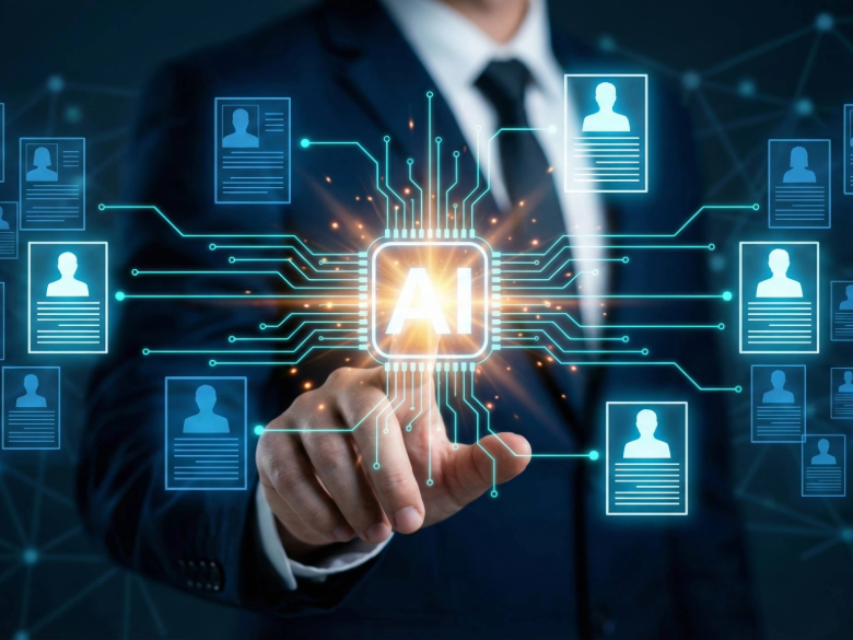 A person in a business suit reaching out to touch a glowing AI chip interface, surrounded by digital profile icons representing data and artificial intelligence connections.