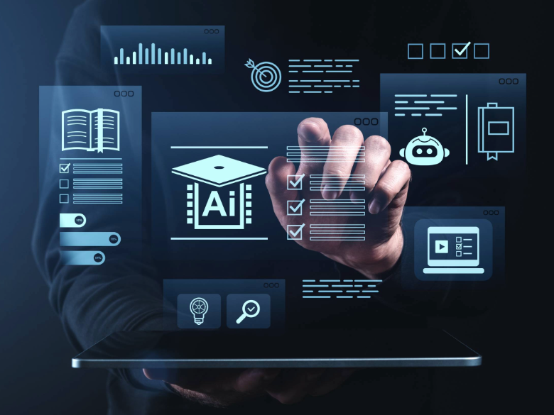 A hand interacts with floating digital icons related to artificial intelligence, education, and analytics above a tablet