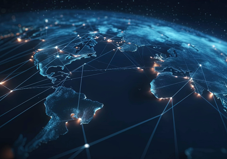 A digital globe showing interconnected points and glowing network lines across continents.