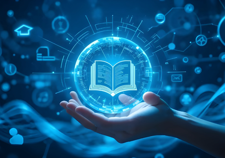 A glowing digital book icon hovering above an open hand, symbolizing online learning and technology.