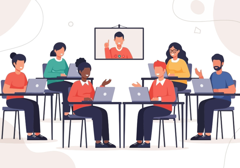 Diverse group of students learning online with teacher via video conference