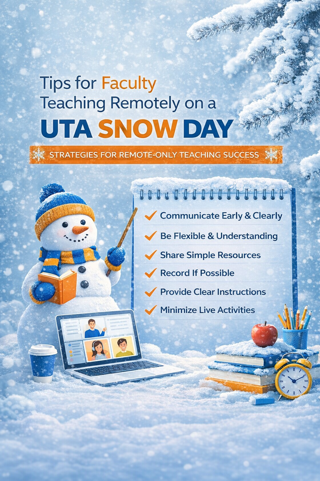 A snowy illustration of a cheerful snowman teaching beside a laptop and books, with falling snow and a blank notepad in a wintery study scene.