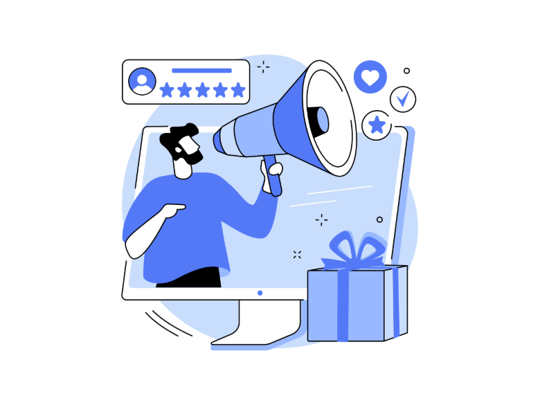 Illustration of a person holding a megaphone beside a large computer screen, with rating stars, notification icons, a gift box, and decorative elements in blue and purple.