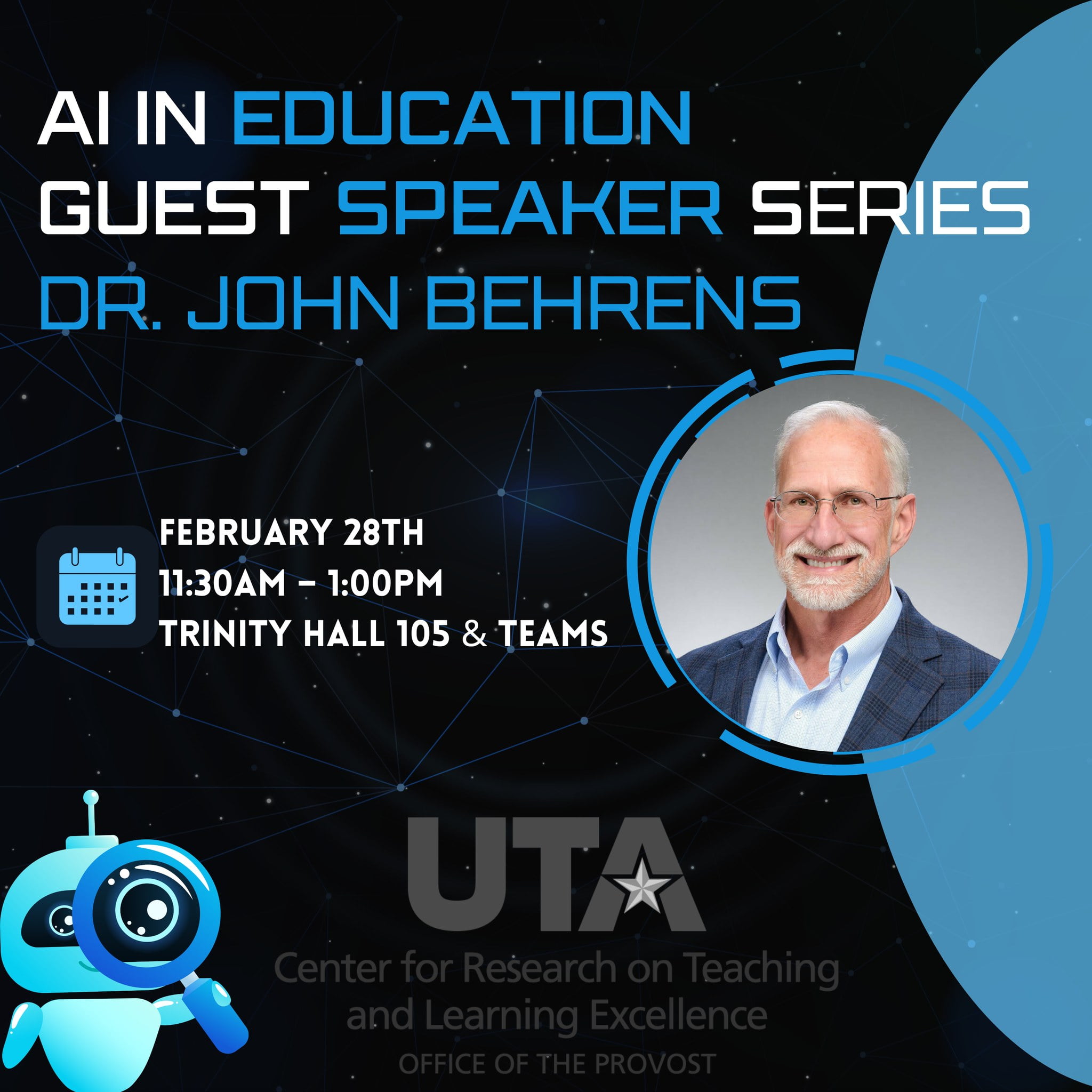 decorative image with photo of the guest speaker Dr. John Behrens