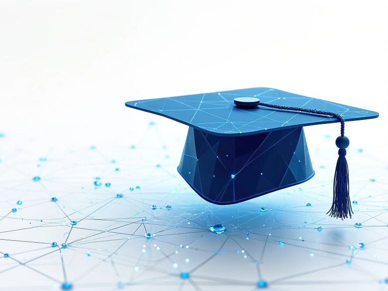 Blue graduation cap above a digital network of connected points and lines, representing education and technology.