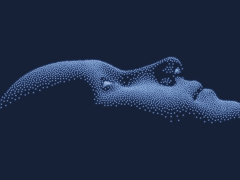Digital point‑cloud illustration of a human face in profile, formed by glowing blue dots on a dark background.