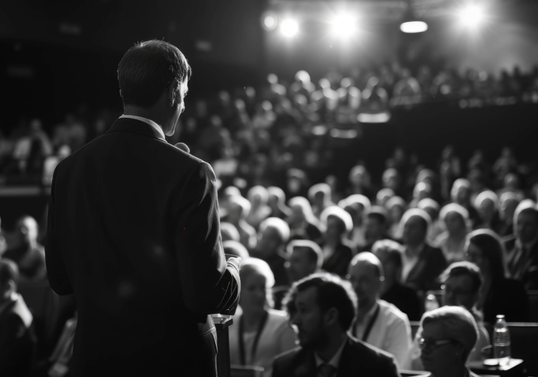 A speaker addresses a full auditorium under bright stage lights