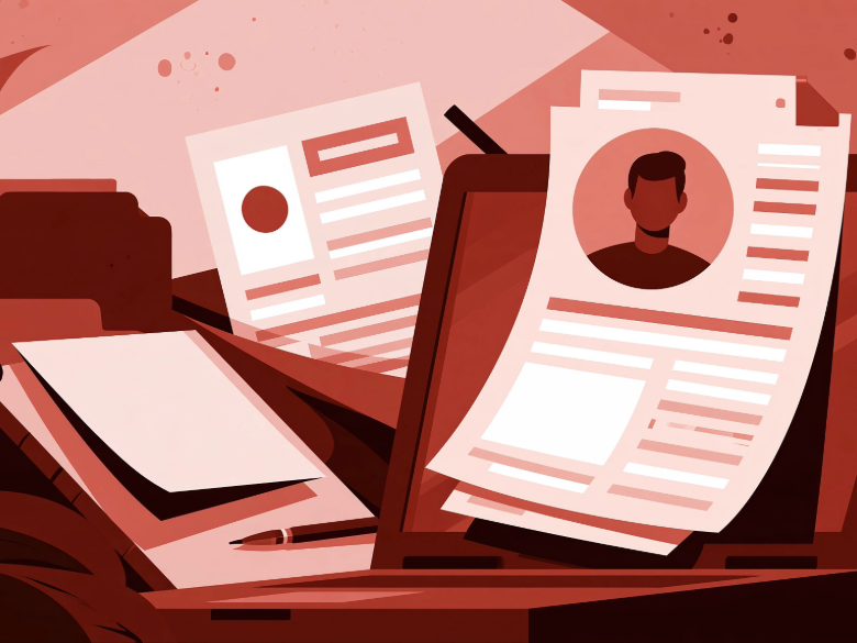 Illustration of a laptop displaying a résumé with profile documents and a tablet nearby.
