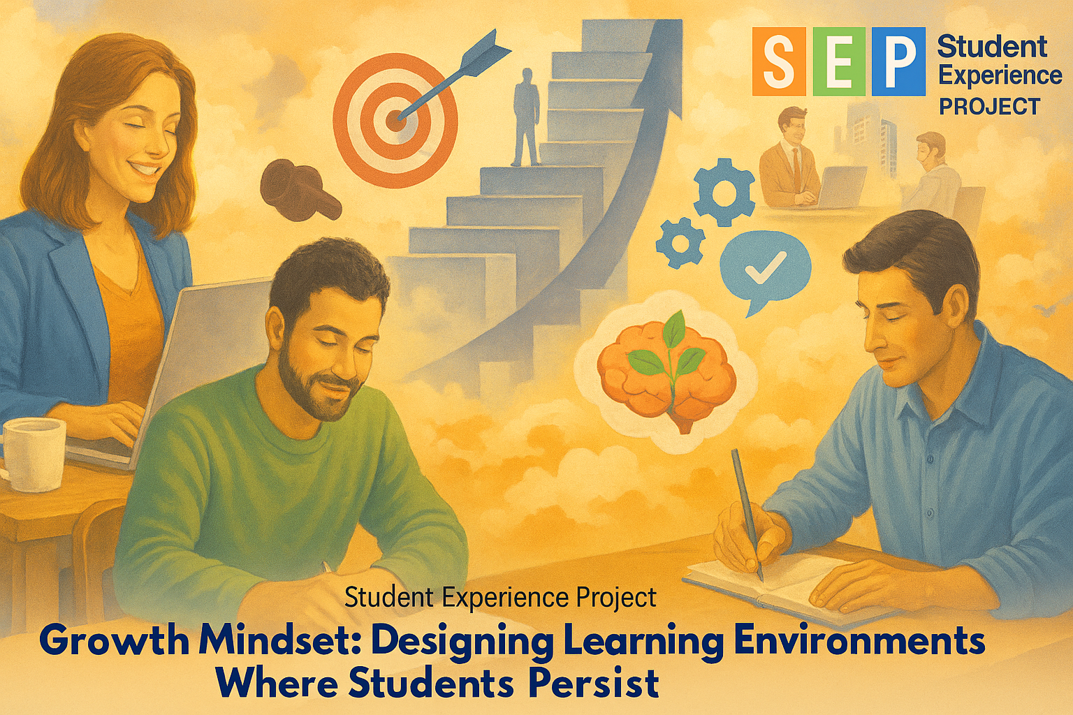 A colorful educational illustration featuring students working with laptops and notebooks, surrounded by symbols of learning such as gears, a brain icon, a target with an arrow.