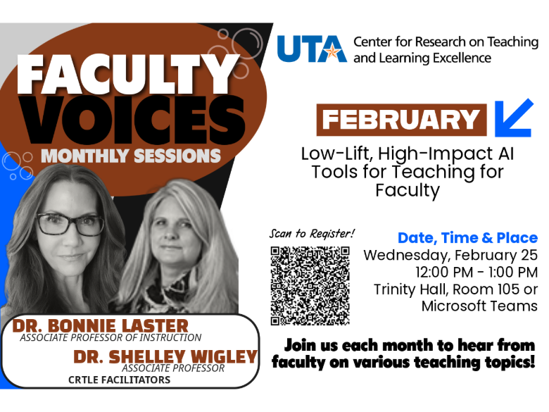 A flyer advertising UTA’s Faculty Voices February session on “Low‑Lift, High‑Impact AI Tools for Teaching for Faculty,” with event details, a QR code for registration, and facilitator information.