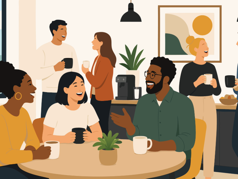 Overhead view of a group gathered around a wooden table with a laptop, notebooks, diagrams, smartphones, coffee, drinks, and snacks during a collaborative meeting.