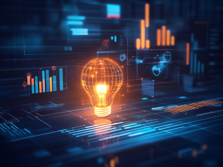 Glowing light bulb surrounded by digital charts and data visualizations, representing innovation and new ideas.