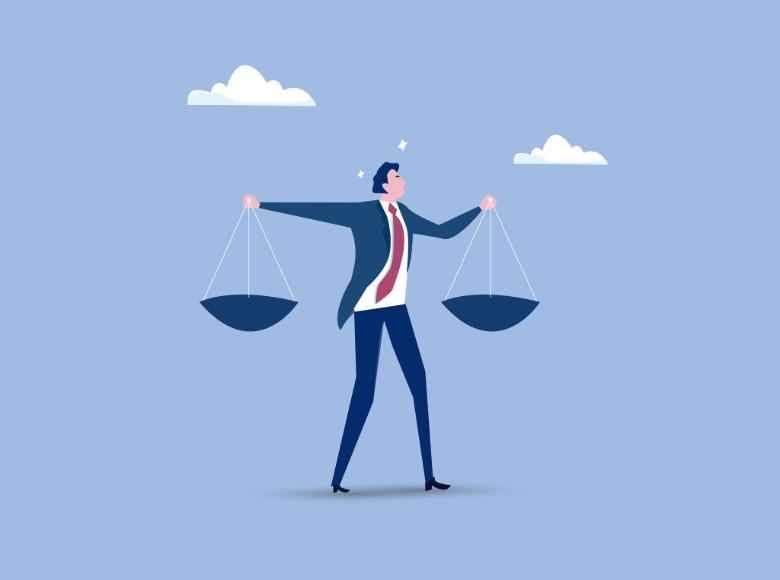Illustration of a person in business attire holding balanced scales, symbolizing justice, fairness, or decision-making, against a light blue background.