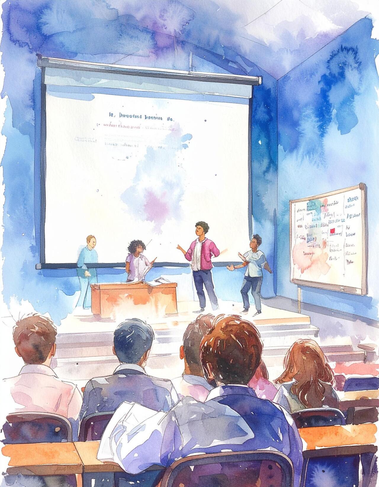 A classroom scene where presenters stand at the front giving a presentation to an audience seated at desks.