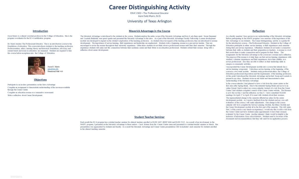 Joyce Myer's poster about her using career development to "expand on the student's exploration of the teaching profession"
