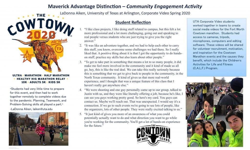 LaDonna Aiken's poster about integrating community engagement in her corporate video course, working with the Fort Worth Cowtown marathon