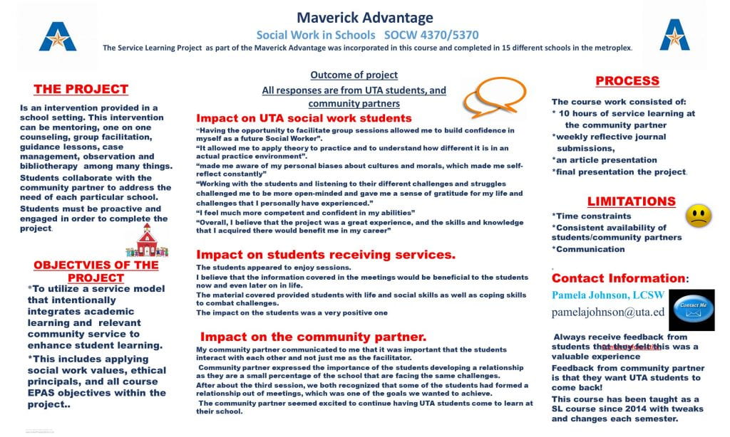 pamela johnson's poster about adding community engagement in her social work in schools course